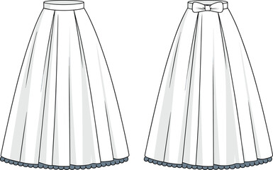 Blank pleated midi skirt template for fashion illustration and technical drawing, with a bow-tie back and a scalloped hemline