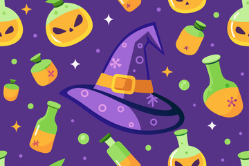 Fototapeta premium Witch Hat and Potion Bottle Halloween Pattern
