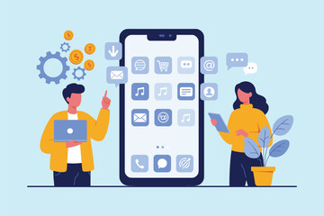Digital Marketing and Mobile App Development with Team Collaboration and Technology Integration flat vector illustration