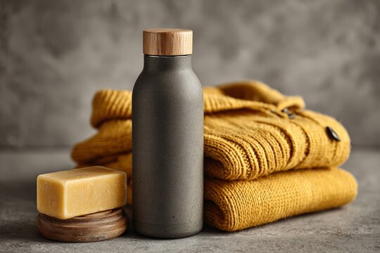 Eco-friendly bottle, handmade soap, and cozy sweater arranged on textured background in a minimalistic setting
