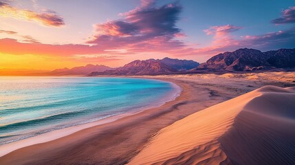 Fototapeta premium stunning sunset over desert beach and mountains