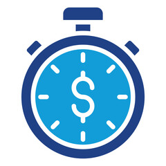 Time Finance Glyph Blue Silhouette Icon Vector Design - Stopwatch with dollar symbol represents urgency in financial decisions or timed investment returns