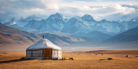 landscape with nomadic yurt on a field in highlands on the background of mountains in autumn in Asia in Kazakhstan
