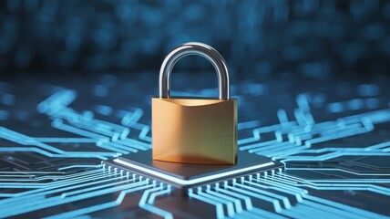 A golden padlock on a microchip symbolizes cybersecurity and digital data protection in a tech-driven environment.