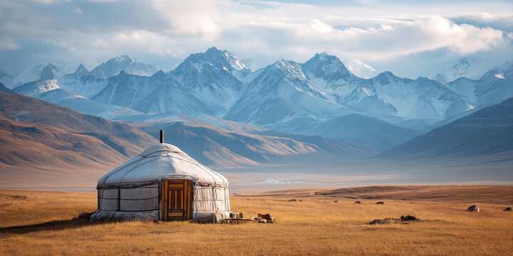 landscape with nomadic yurt on a field in highlands on the background of mountains in autumn in Asia in Kazakhstan