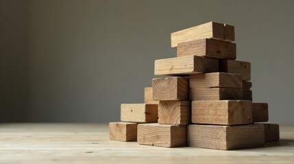A carefully constructed arrangement of unfinished wooden blocks forming an ascending structure on a light-colored wooden surface against a neutral backdrop