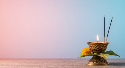 Asalha Puja in Southeast Asia features ceremonial objects on textured surfaces, isolated backgrounds with soft pastel color gradations, soft natural lighting, and a modern minimalist style.