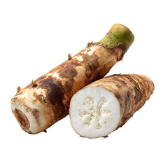 Two fresh taro roots one whole and one cut in half revealing its white starchy interior isolated on transparent background
