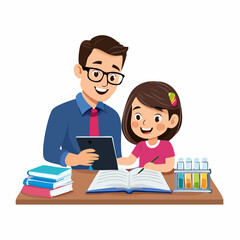 A smiling father helping his daughter with her schoolwork, using a tablet and books.