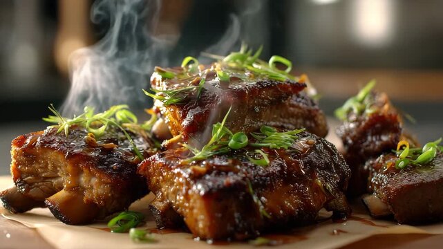 Hot smoked barbecue pork ribs with glossy sauce and steam served on wooden table close up juicy meat texture grilled barbecue ribs in cozy restaurant or food background