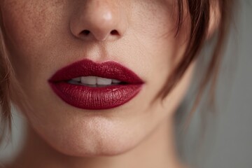 Naklejka premium Close-up of a woman with bold red lipstick showcasing her lips against a neutral background