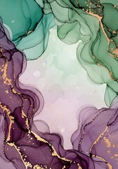 Elegant alcohol ink background in emerald green and purple with gold accents