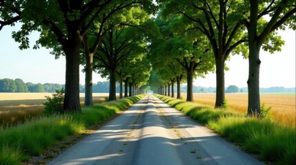 Obraz premium Serene Country Road Lined with Lush Green Trees and Golden Fields in Summer