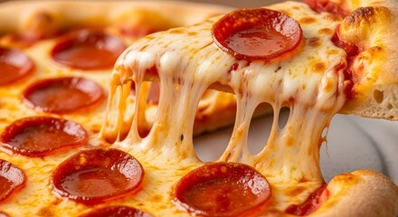 An inviting pizza slice glowing with cheese, pulled from a perfectly baked pizza with crispy golden crust.