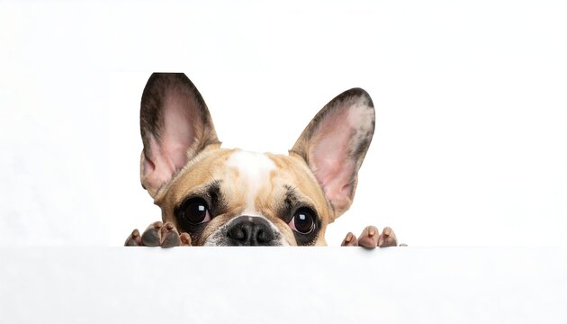 Curious fawn and white dog peeking over white surface