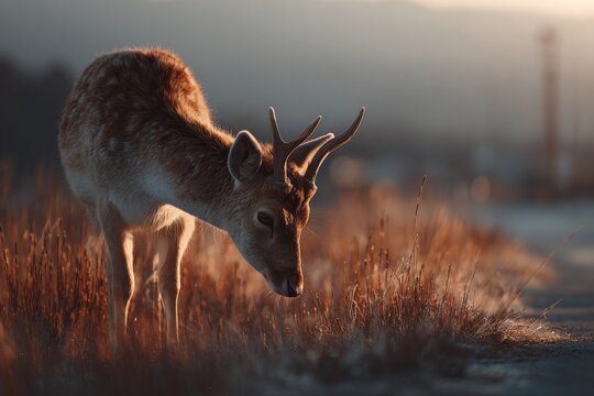Majestic young deer grazing on grassy meadow during golden hour in serene landscape