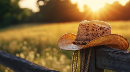 Rustic straw cowboy hat rests on weathered fence post at golden sunset