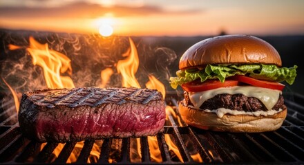 Grilled steak and burger on barbecue grill at sunset