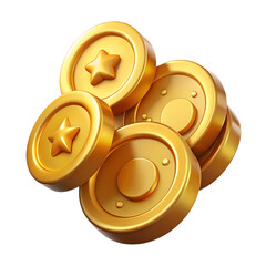 Pile of golden game coins with star emblem isolated on transparent background