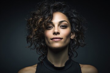 Fototapeta premium Portrait of a confident woman with curly hair showcasing a stylish black top against a dark background