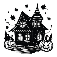 Spooky Halloween night with a pumpkin-decorated cartoon house illustration in a winter landscape village