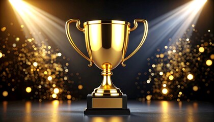 Gold trophy illuminated on a stage