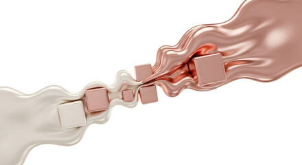 Elegant Rose Gold and White Liquid Streams with Floating Cubes on a White Background, Abstract Luxury Concept
