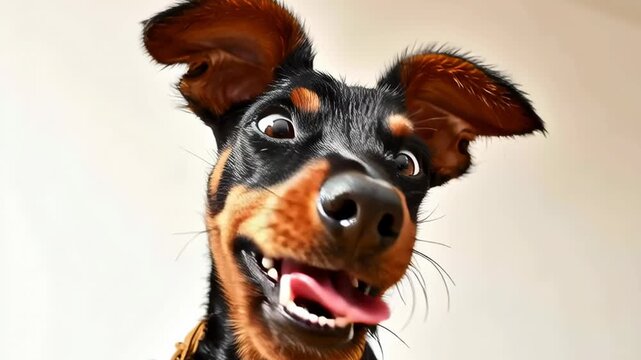 Funny dog with expressive eyes makes curious gestures indoors, showcasing playful personality and charm