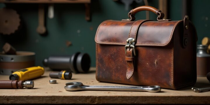 Vintage Leather Tool Bag on Rustic Wooden Workshop Surface with Hand Tools - Powered by Adobe