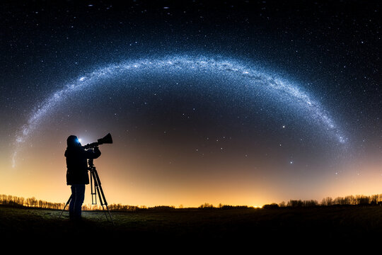 Astronomer gazes at stars in an open night sky