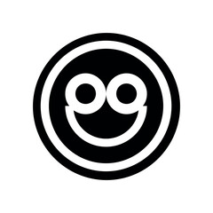 A simple black and white graphic of a smiling face inside a circle with a double border line art