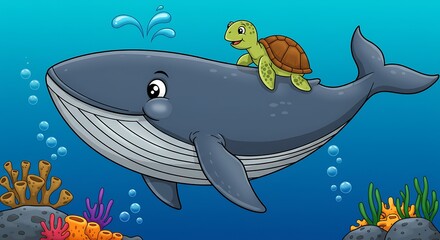 Obraz premium Friendly whale carrying a turtle underwater isolated on blue background