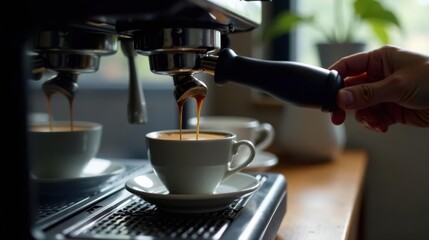 Aromatic Espresso Preparation Close-up of a hand operating a coffee machine, pouring rich, dark espresso into a waiting cup, creating a moment of pure caffeinated bliss.