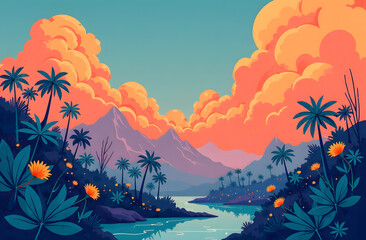 Colorful tropical scene with lush palms, glowing flowers, river, and vivid sunset clouds on a stylized background, concept of paradise nature