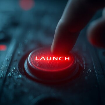 Finger pressing a glowing red launch button on control panel