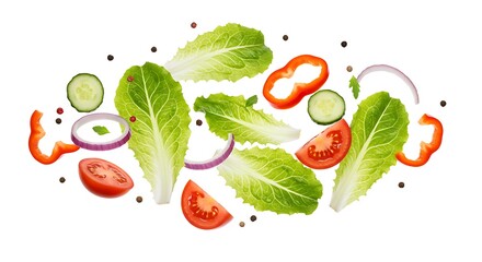 Fresh salad ingredients scattered isolated on white background