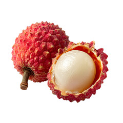 Fototapeta premium Two ripe red lychee fruits one whole and one peeled revealing the juicy white flesh and seed isolated on transparent background