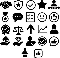Collection of business and success icons representing achievement and approval