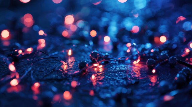 Abstract festive blurred background with beautiful glowing particles and round bokeh. Dark evening blue and red background for christmas or party.