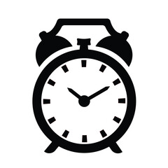 Black and White Alarm Clock Retro Twin Bell Classic Outline Style Isolated on silhouette White Background High Resolution Minimal Design Symbol for Sleep Wake Up Timer Bedtime and Morning Routine jpg