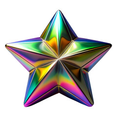 Shimmering Chroma Star. Abstract metallic star, boasting dazzling holographic sheen and iridescent rainbow gradient in shades of blue, purple, yellow, and green. transparent background, cutout, png.