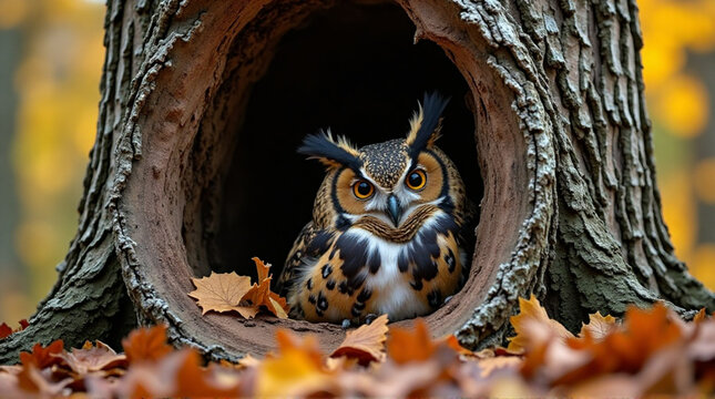 A beautiful close-up of an owl perched in a hollow tree stump. - Powered by Adobe