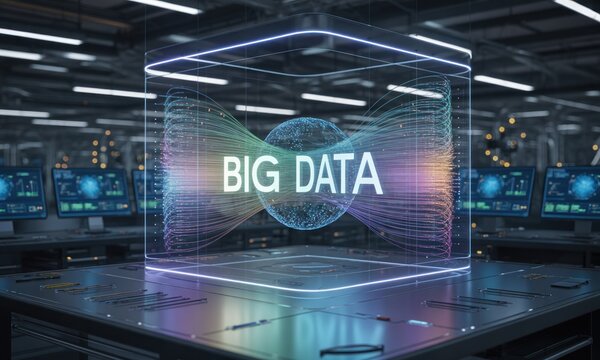 Holographic "BIG DATA" cube in industrial setting - Powered by Adobe