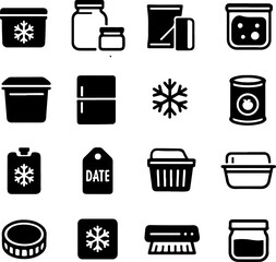 Collection of black and white icons representing food storage and freezing