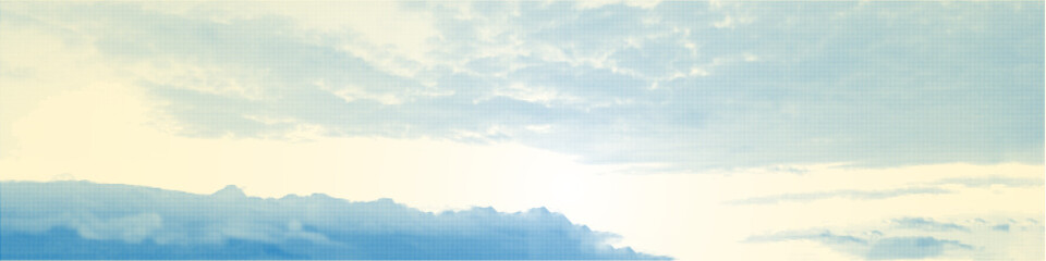 Blue clouds in morning sunny gradient sky with halftone effect Polka dot texture bg. Dramatic smoke or fog in pop art comics style. Retro Fluffy dotted cloudy background. Vector illustration