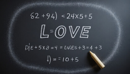 Mathematical equations and love theme drawn on chalkboard  