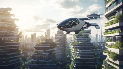 A futuristic eco-city filled with lush vertical gardens and innovative green buildings, featuring an advanced flying car navigating through the skyline