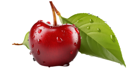 Fresh red cherry with a vibrant green leaf glistening with water droplets for healthy living ads isolated on white or transparent png.