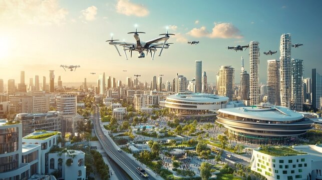 A futuristic city with drones flying over skyscrapers.