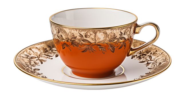 Elegant floral teacup with golden trim is ready for a delightful afternoon tea party or sophisticated brunch isolated on white or transparent png.
